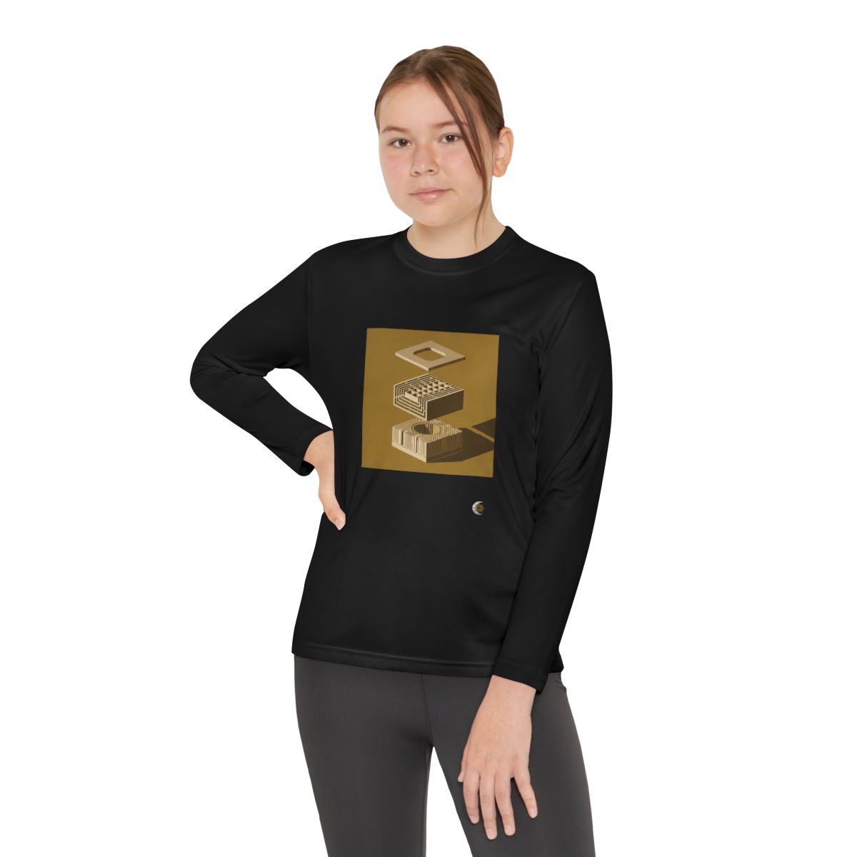 HD Ochre Lattice Youth Long Sleeve Competitor Tee in Black, person 2 view.