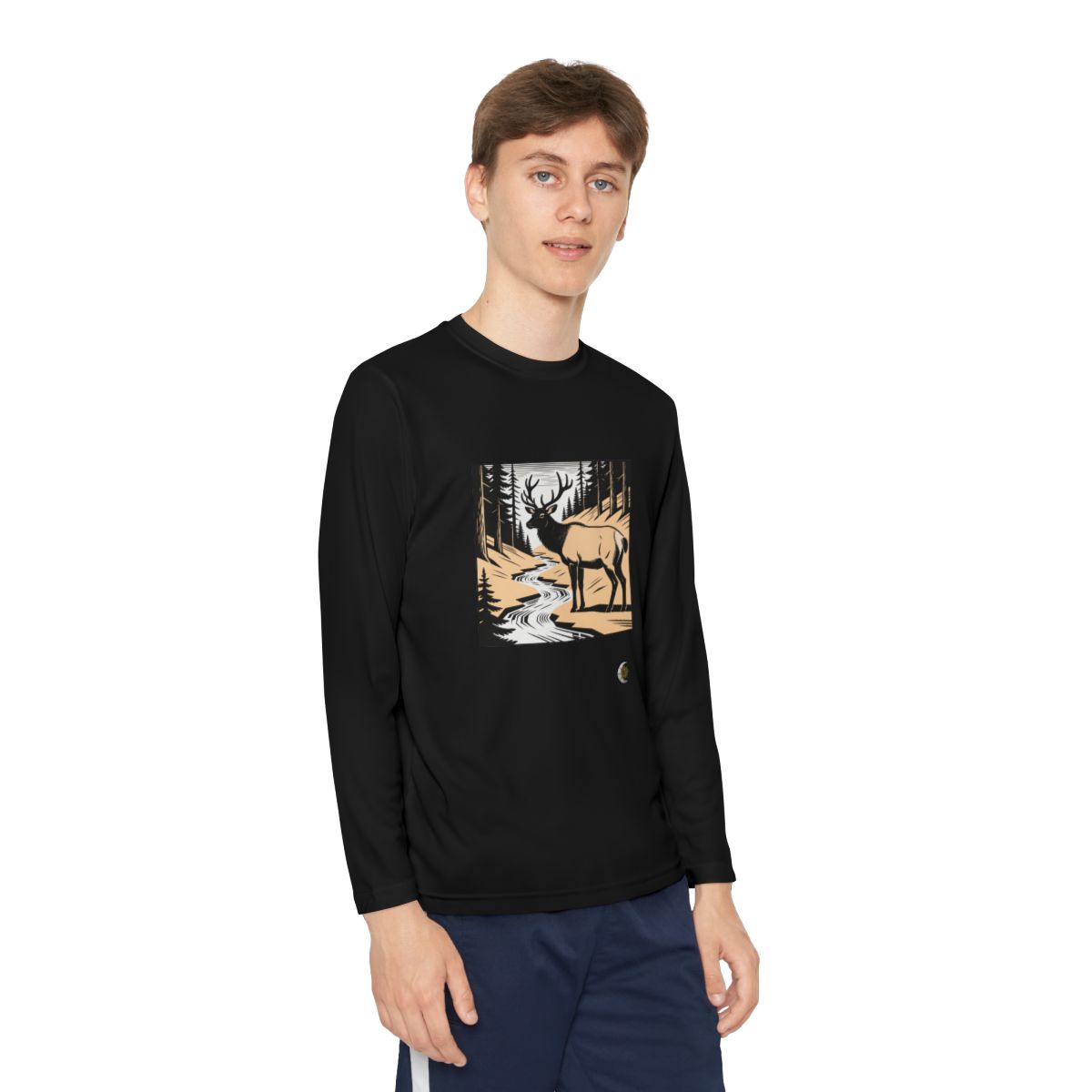 HD Creekside Stag Youth Long Sleeve Competitor Tee in Black, person 1 view.