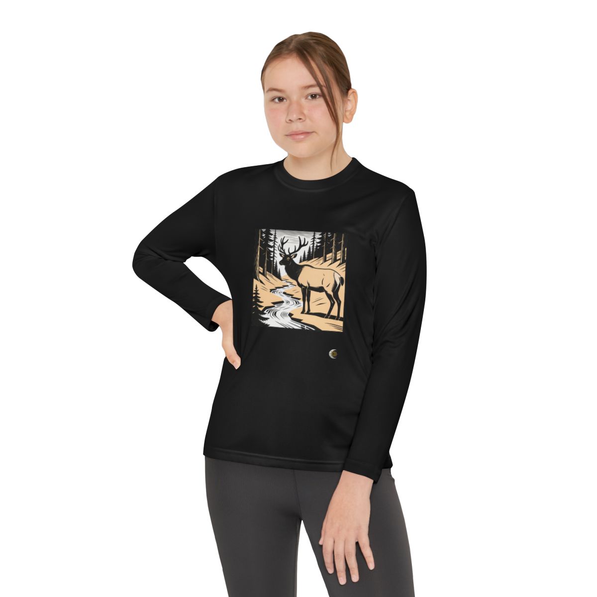 HD Creekside Stag Youth Long Sleeve Competitor Tee in Black, person 2 view.