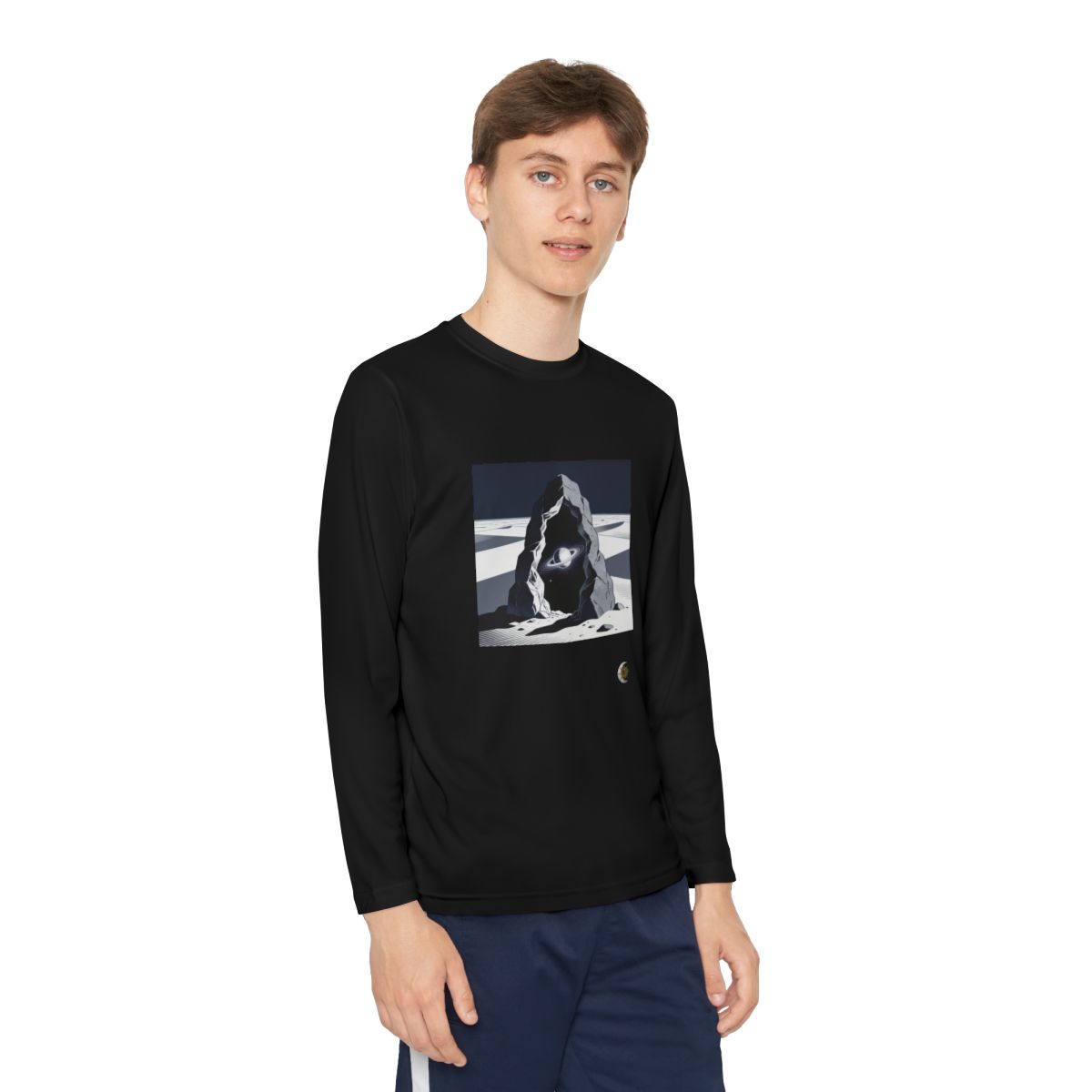 HD Celestial Gateway Youth Long Sleeve Competitor Tee in Black, person 1 view.