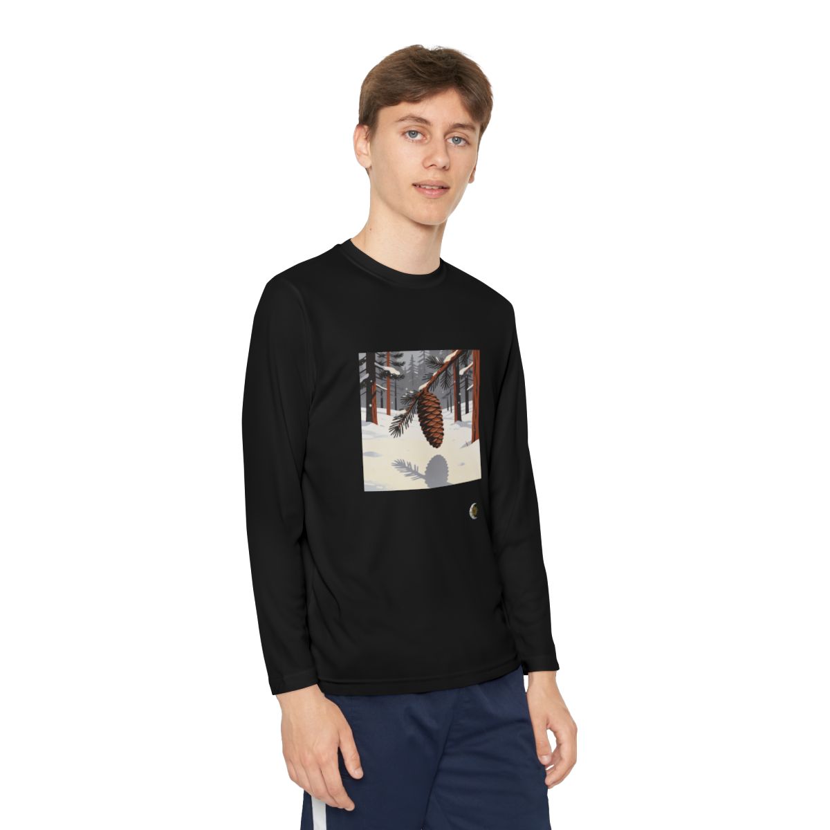 HD Winter Cone Youth Long Sleeve Competitor Tee in Black, person 1 view.