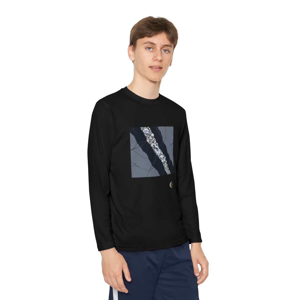 HD Silver Vein Youth Long Sleeve Competitor Tee in Black, person 1 view.