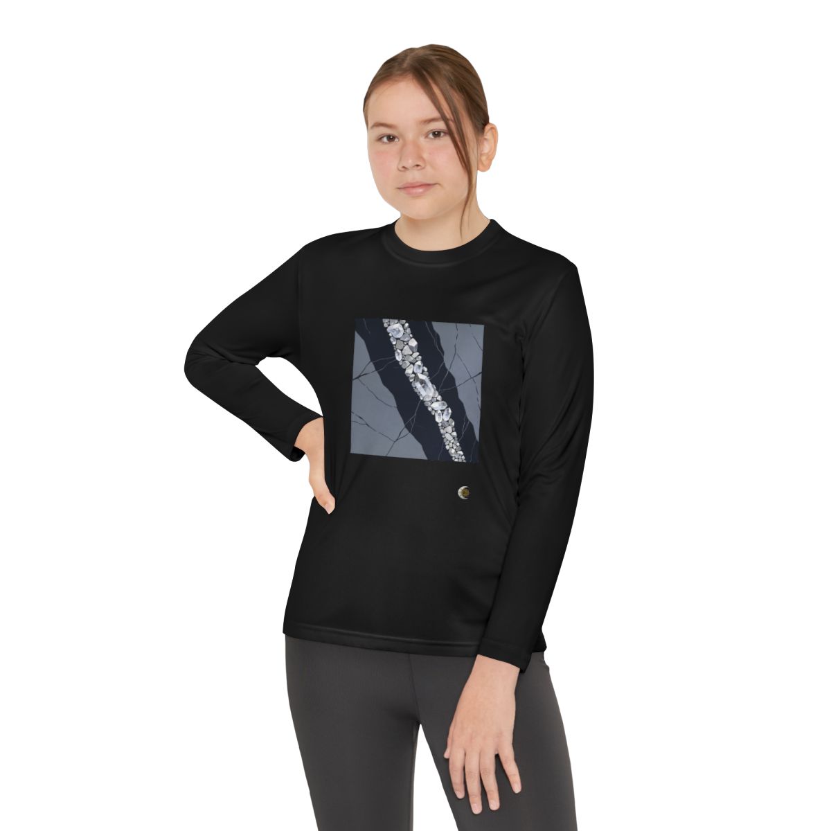 HD Silver Vein Youth Long Sleeve Competitor Tee in Black, person 2 view.