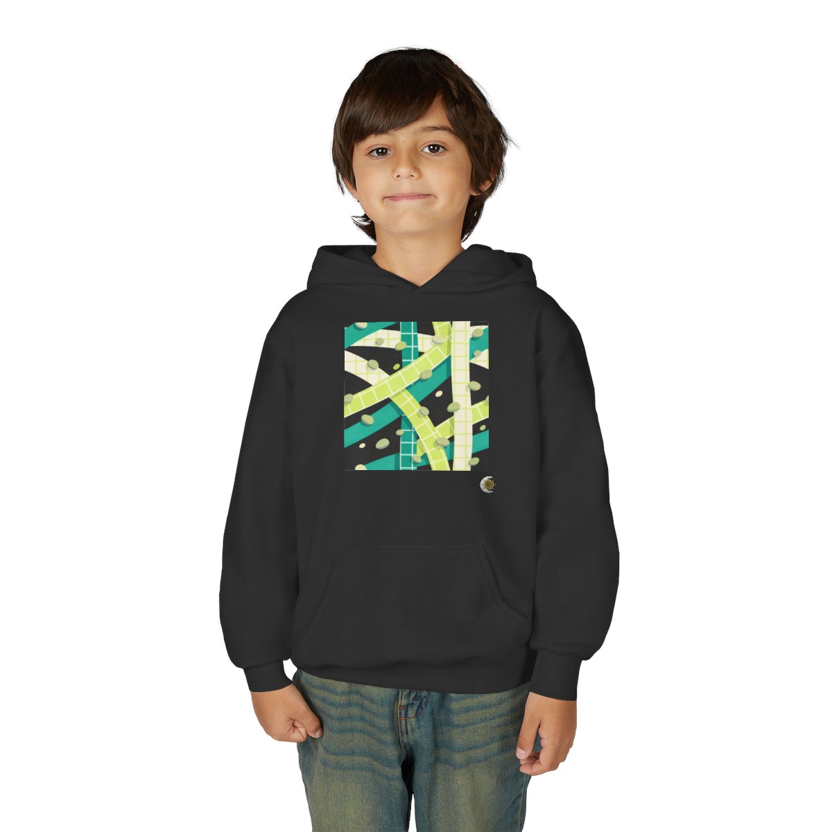 HD Teal Grid Youth Pullover Hoodie in Black, front view on a model.