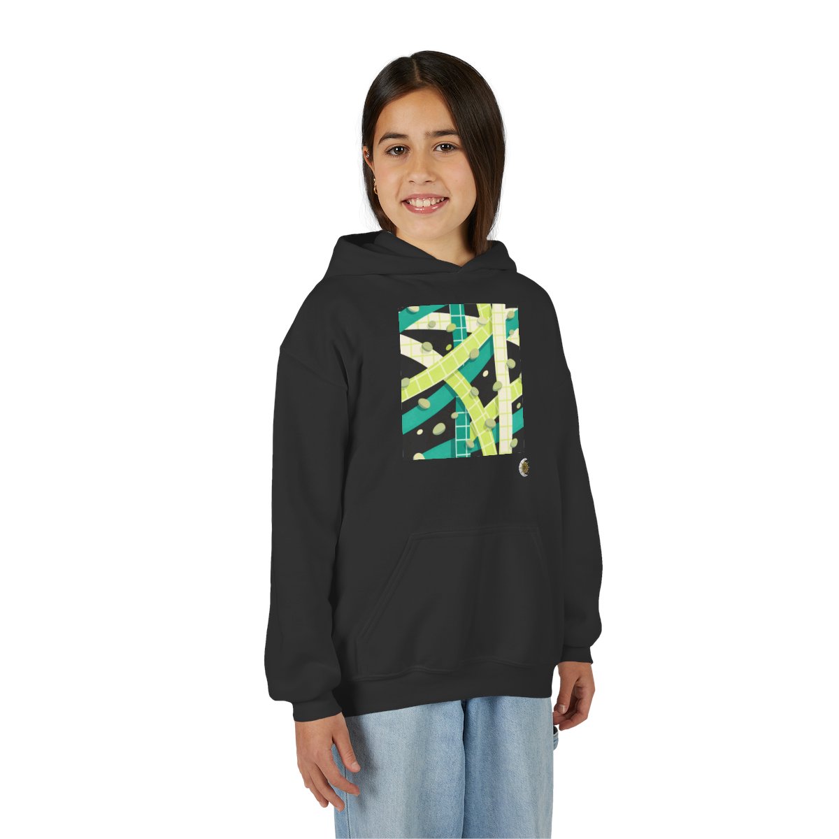 HD Teal Grid Youth Pullover Hoodie in Black, front view on a model.