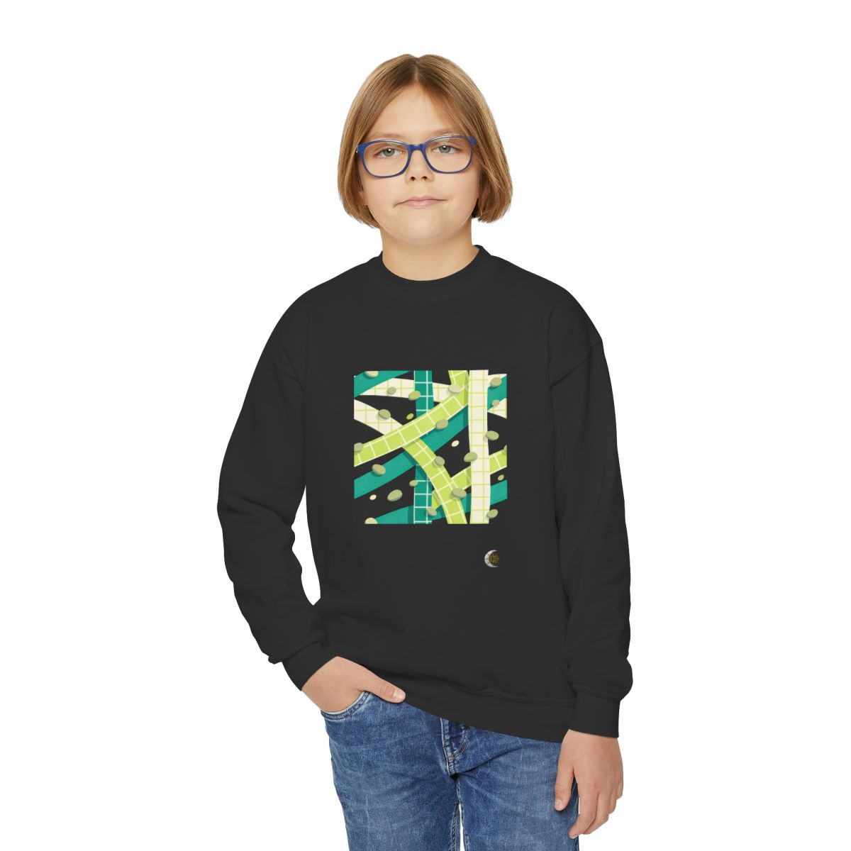 HD Teal Grid Youth Crewneck Sweatshirt in Black, front view on a model.