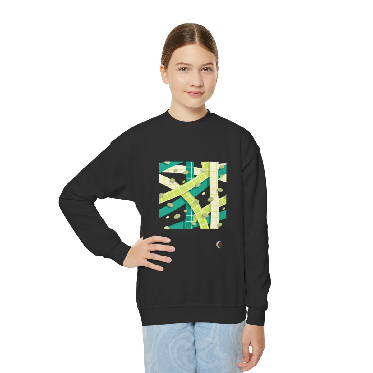 HD Teal Grid Youth Crewneck Sweatshirt in Black, front view on a model.