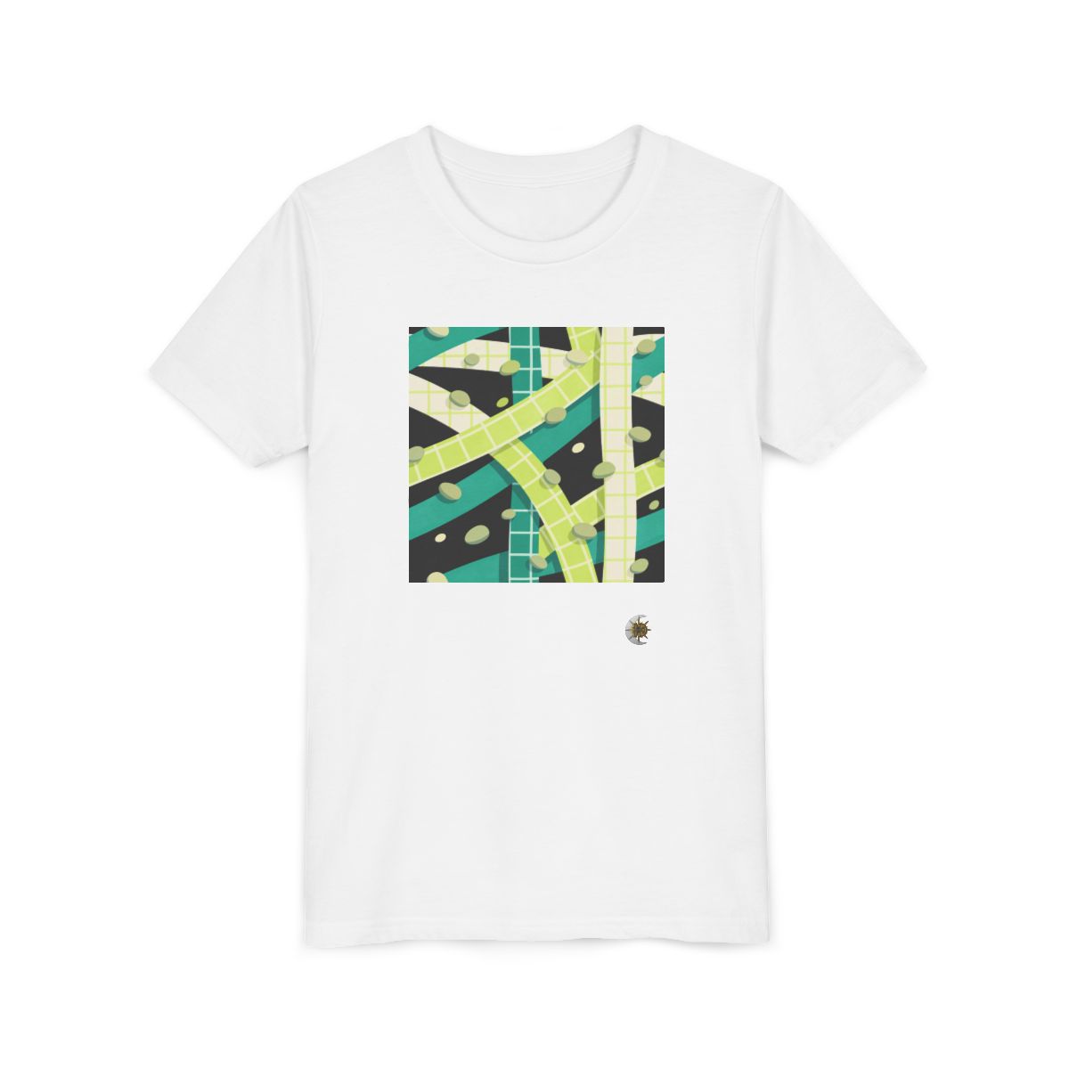 HD Teal Grid Youth Short Sleeve Tee in White, front view laid flat.