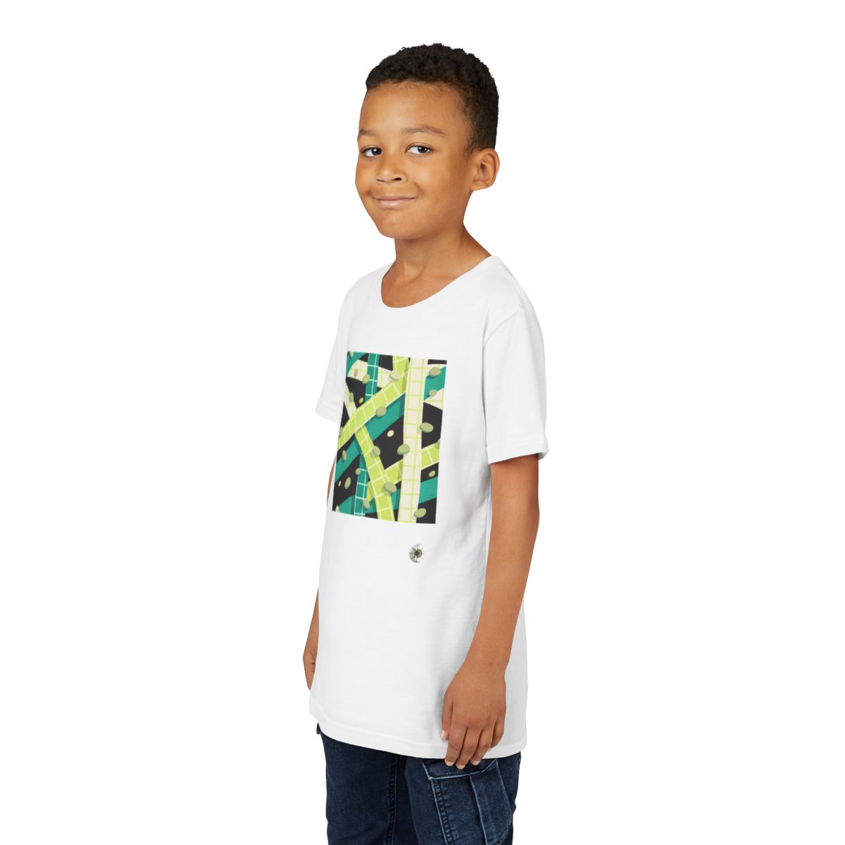 HD Teal Grid Youth Short Sleeve Tee in White, front view on a model.