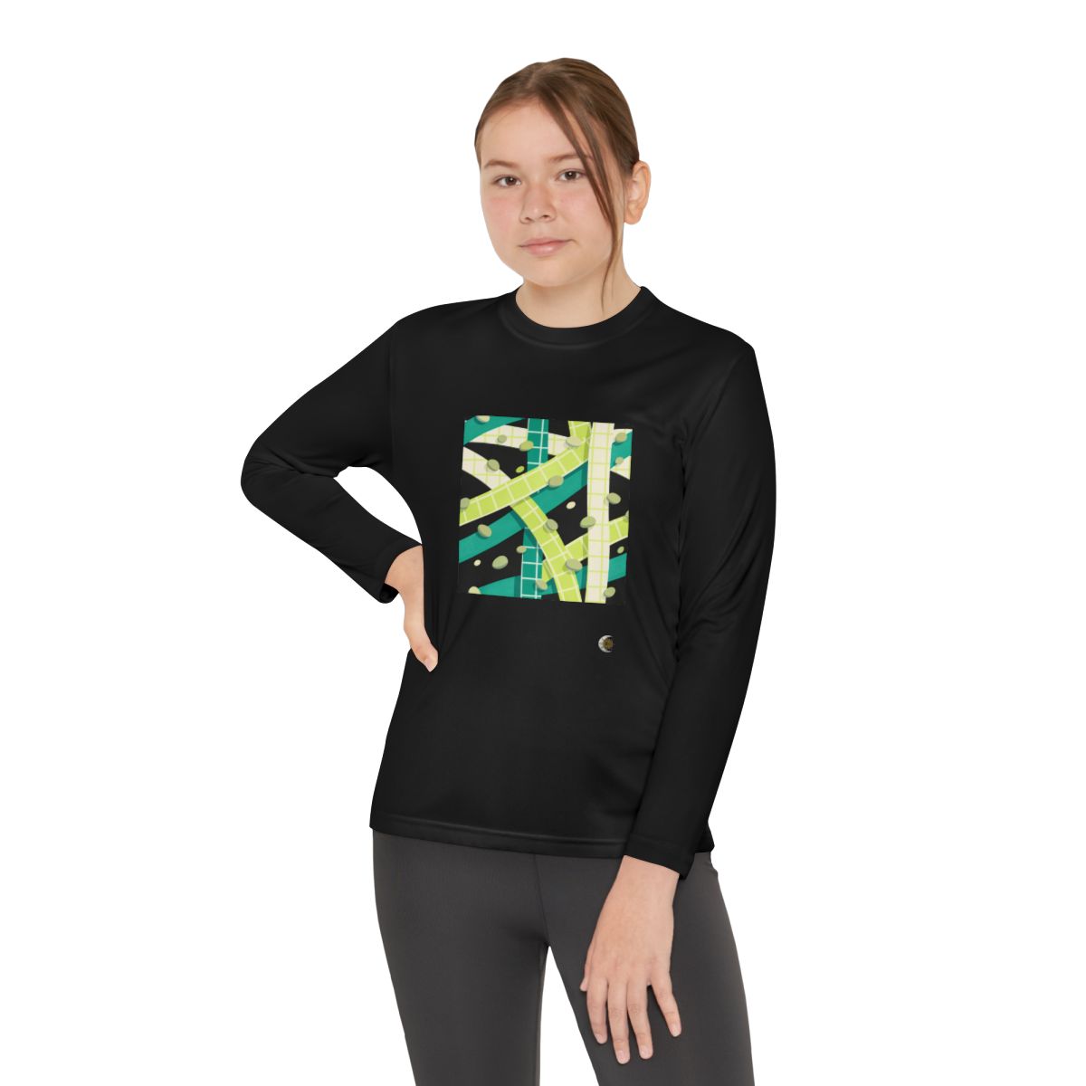 HD Teal Grid Youth Long Sleeve Competitor Tee in Black, front view on a model.