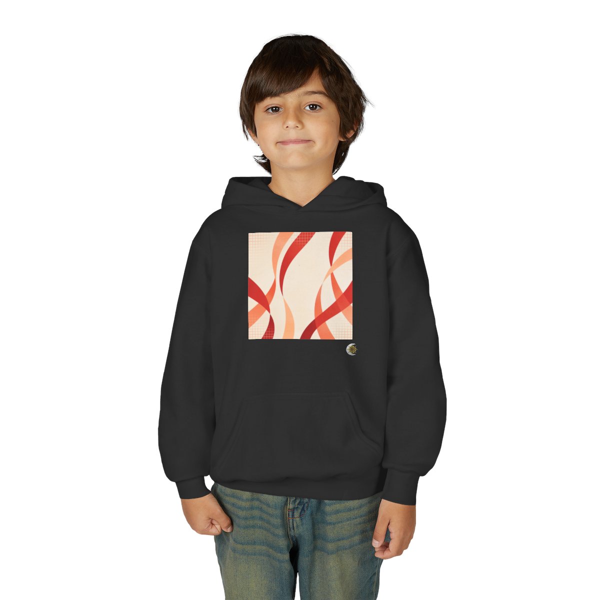 HD Rust Ribbons Youth Pullover Hoodie in Black, front view on a model.