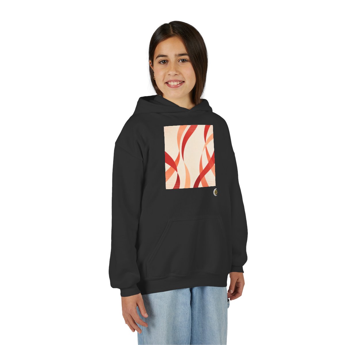 HD Rust Ribbons Youth Pullover Hoodie in Black, front view on a model.