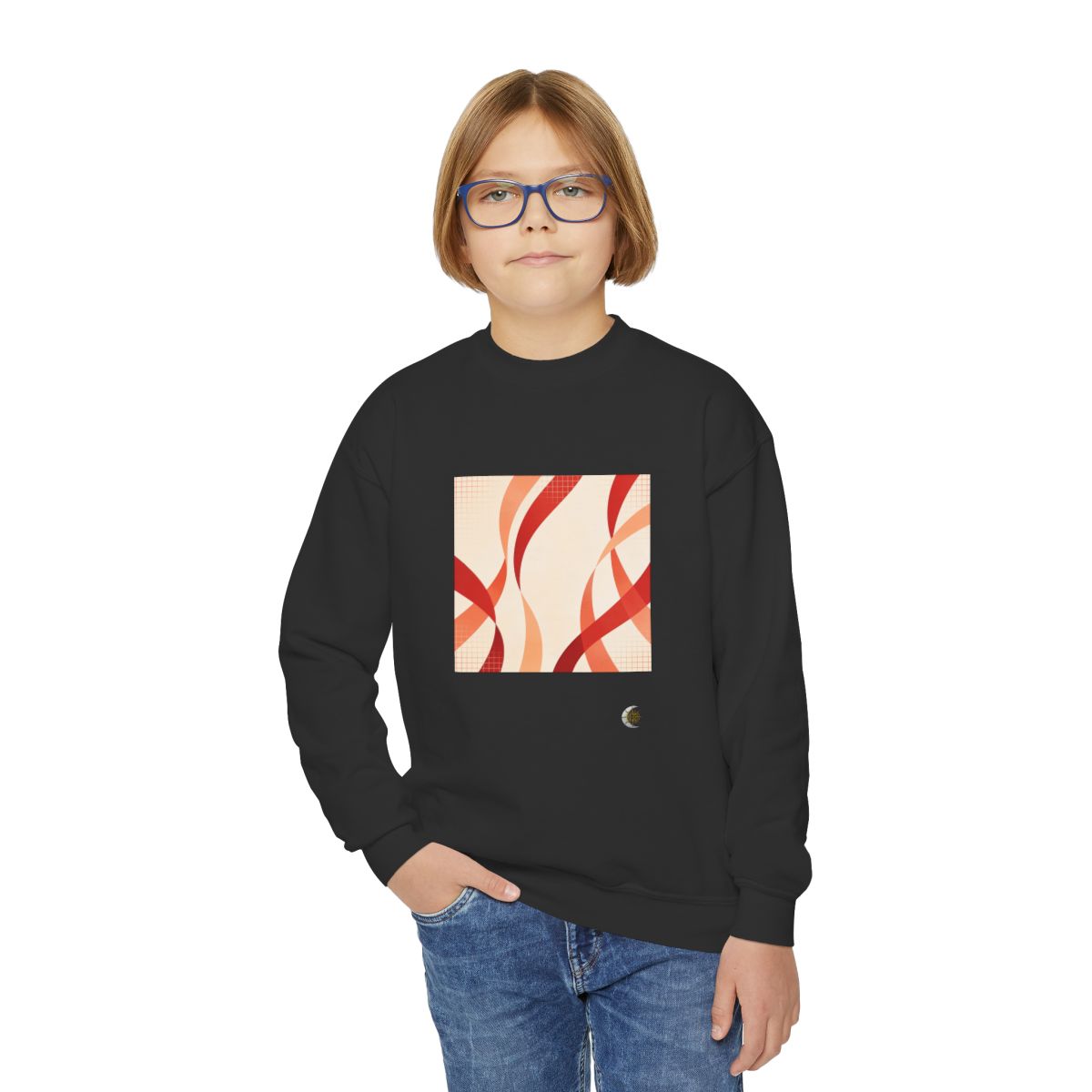HD Rust Ribbons Youth Crewneck Sweatshirt in Black, front view on a model.