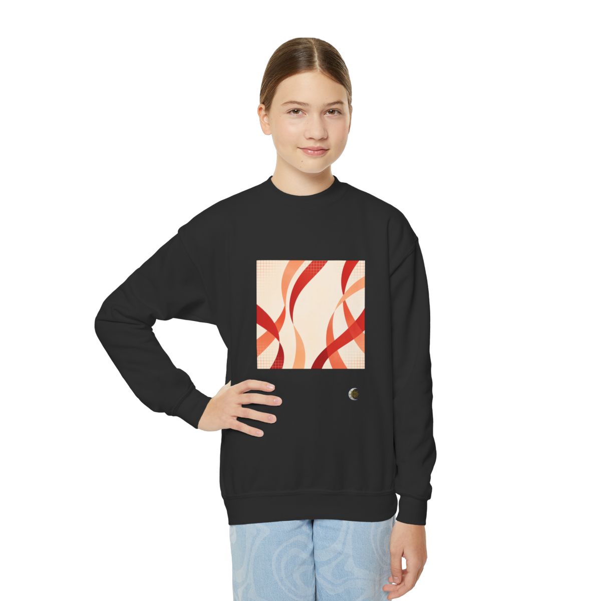 HD Rust Ribbons Youth Crewneck Sweatshirt in Black, front view on a model.