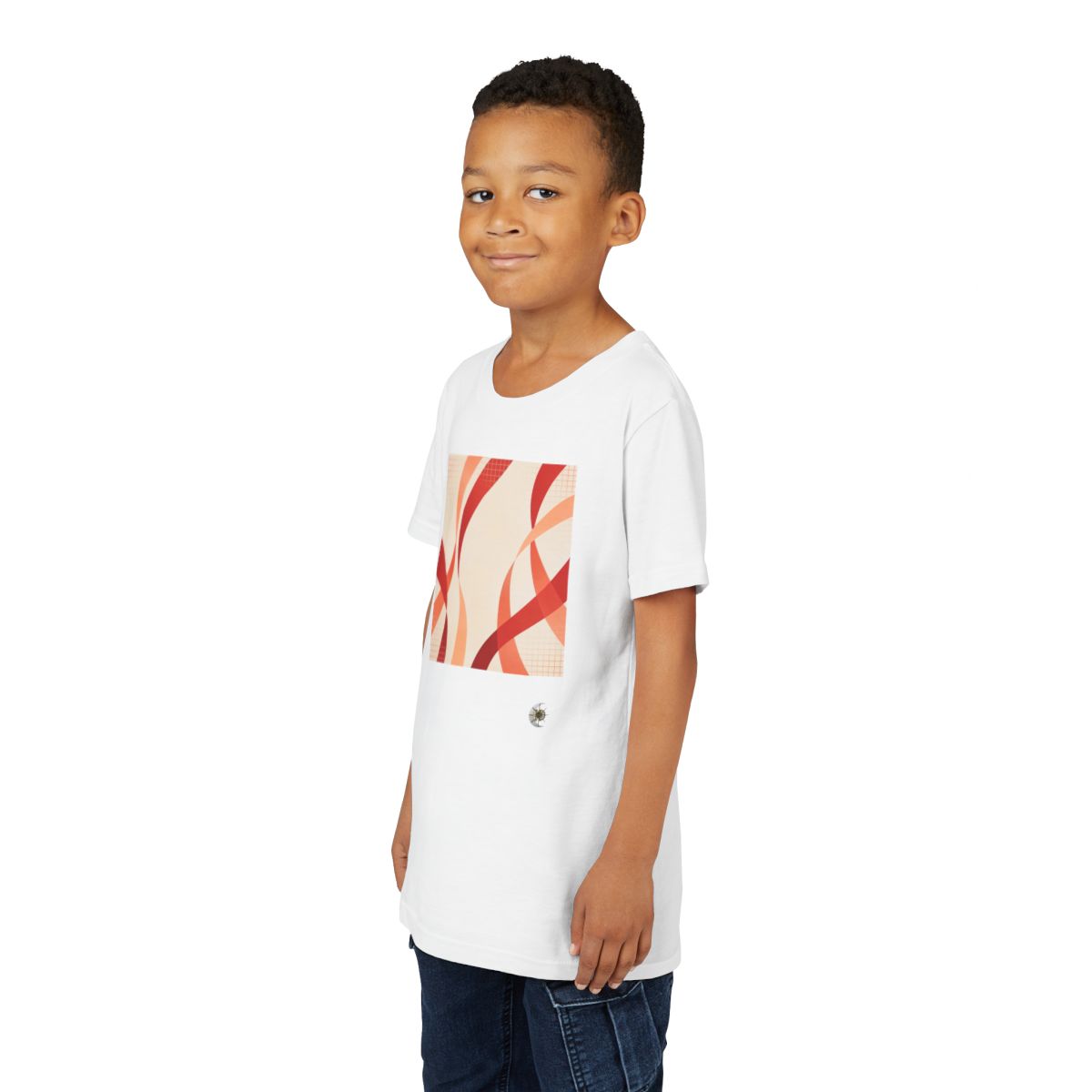 HD Rust Ribbons Youth Short Sleeve Tee in White, front view on a model.