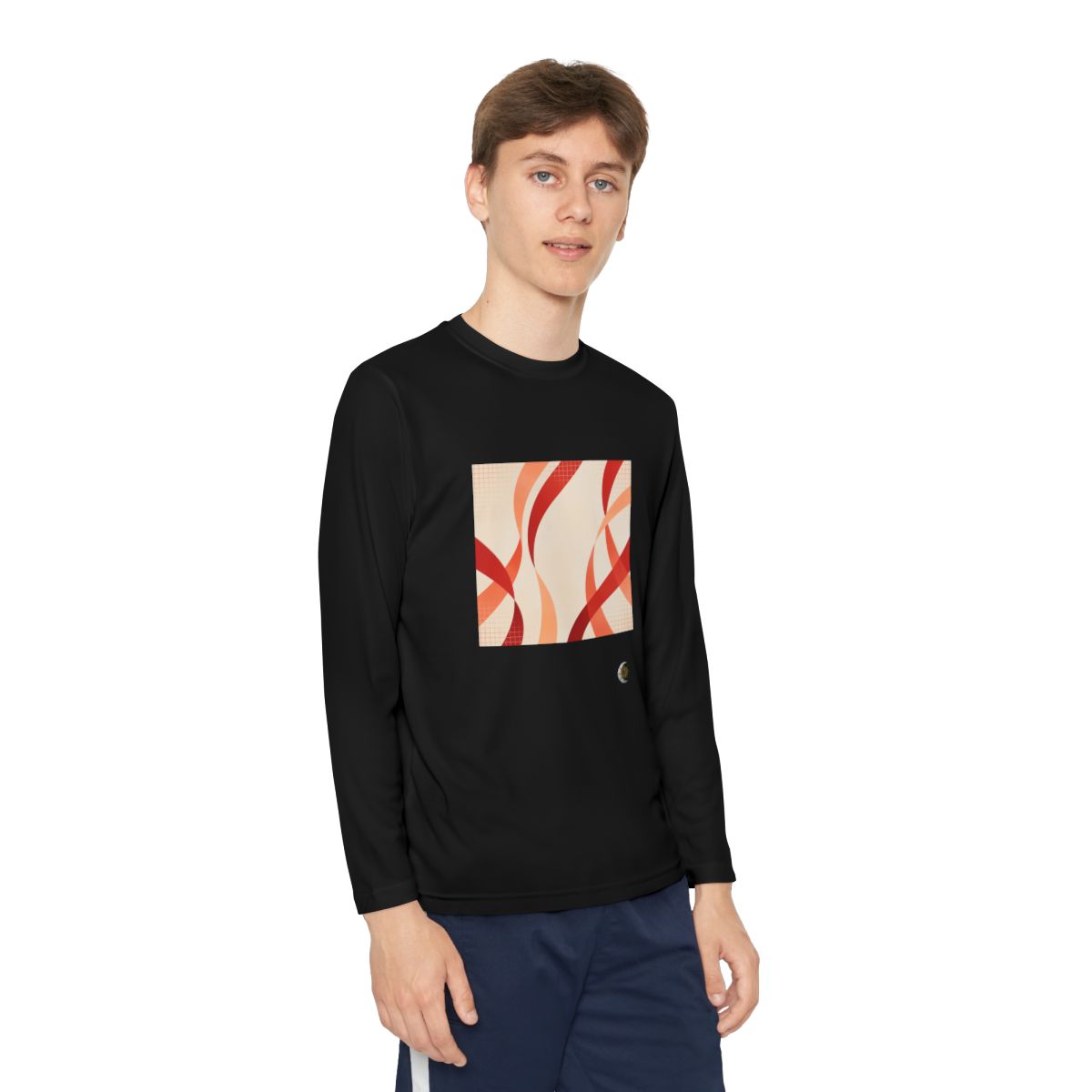 HD Rust Ribbons Youth Long Sleeve Competitor Tee in Black, front view on a model.