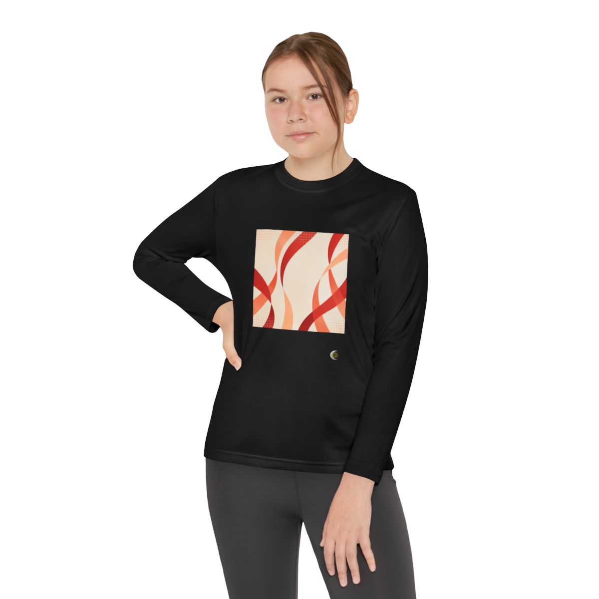 HD Rust Ribbons Youth Long Sleeve Competitor Tee in Black, front view on a model.