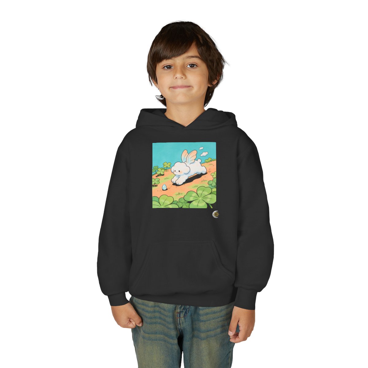 HD Cloud Meadow Youth Pullover Hoodie in Black, front view on a model.