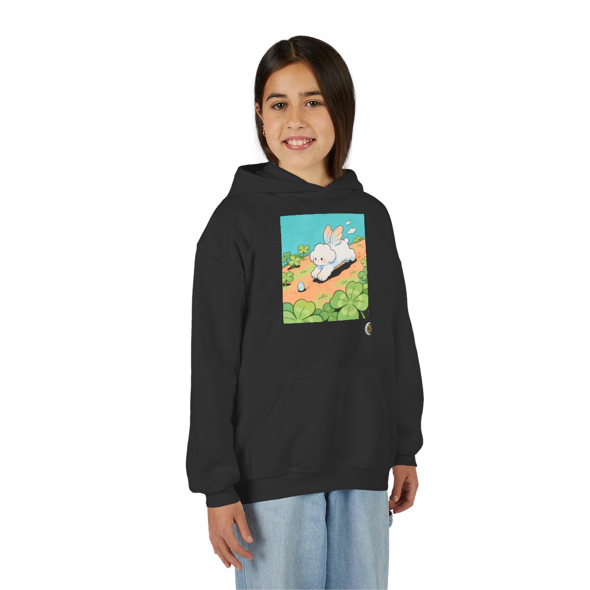 HD Cloud Meadow Youth Pullover Hoodie in Black, front view on a model.