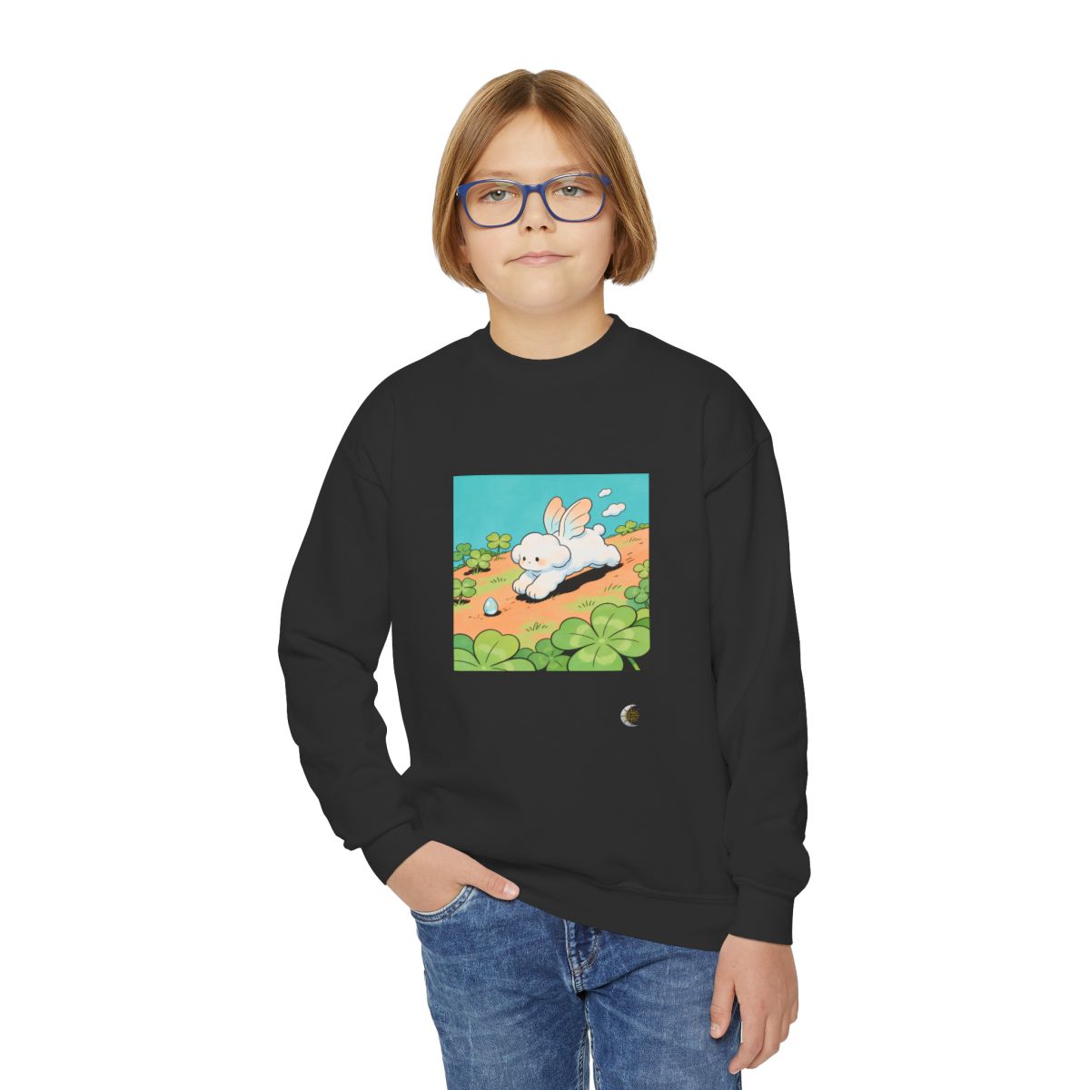 HD Cloud Meadow Youth Crewneck Sweatshirt in Black, front view on a model.