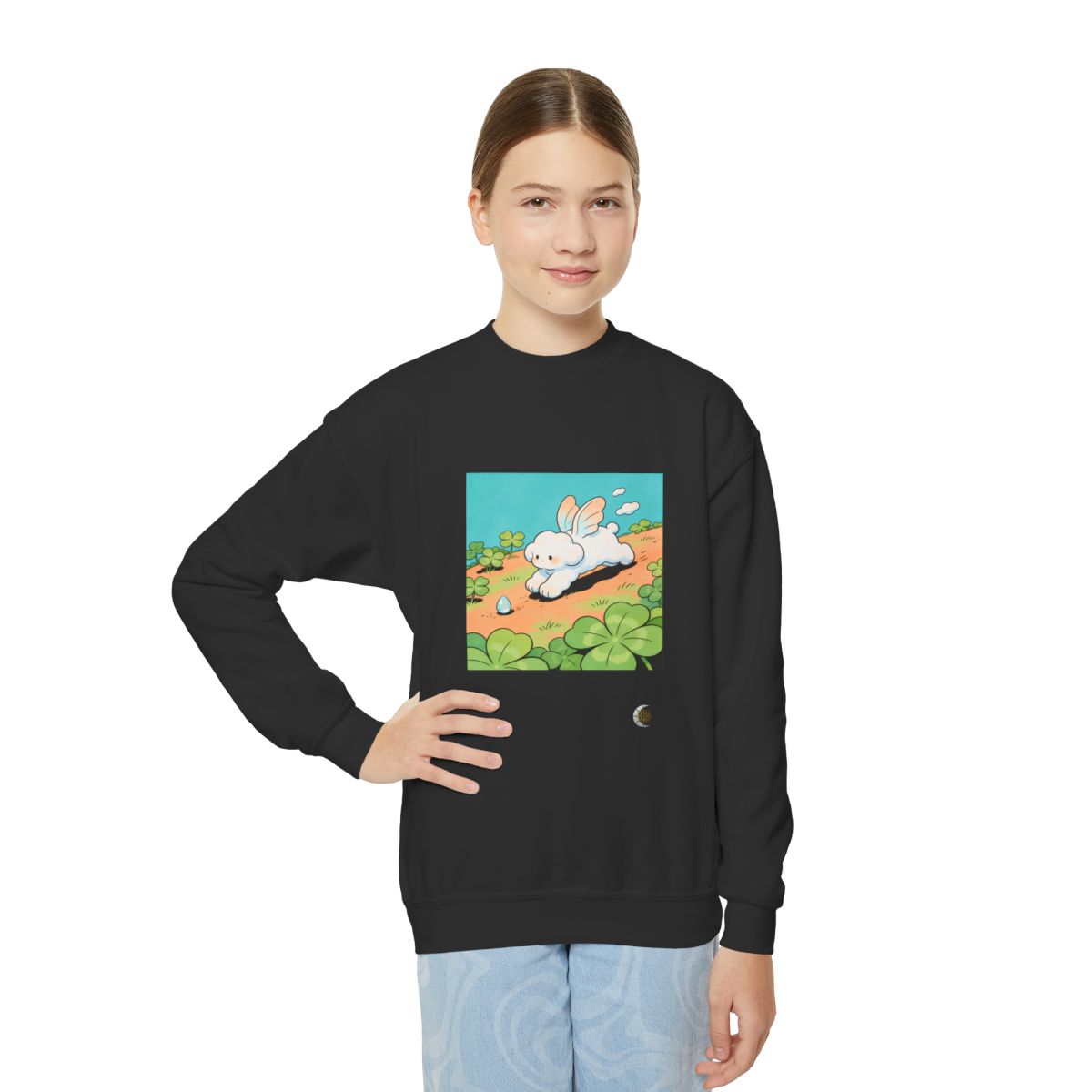 HD Cloud Meadow Youth Crewneck Sweatshirt in Black, front view on a model.