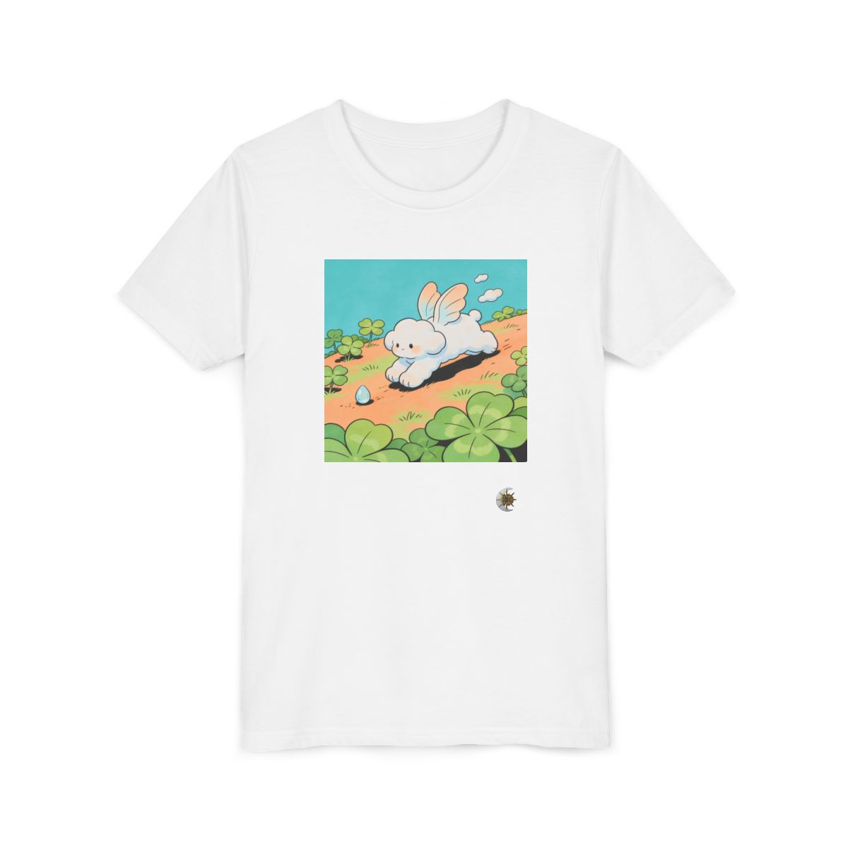 HD Cloud Meadow Youth Short Sleeve Tee in White, front view laid flat.