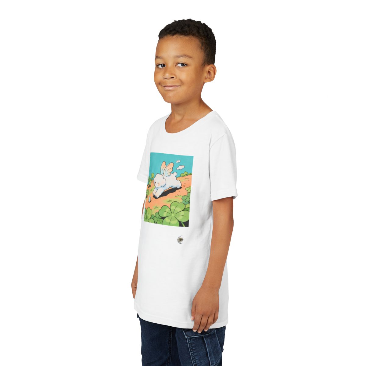 HD Cloud Meadow Youth Short Sleeve Tee in White, front view on a model.