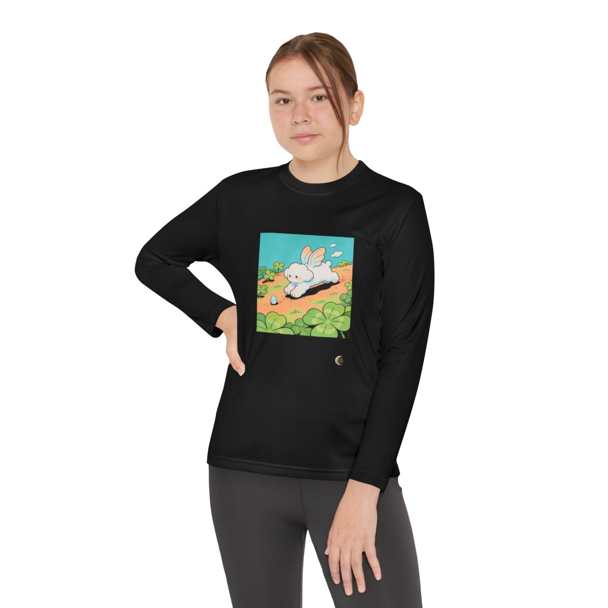 HD Cloud Meadow Youth Long Sleeve Competitor Tee in Black, front view on a model.