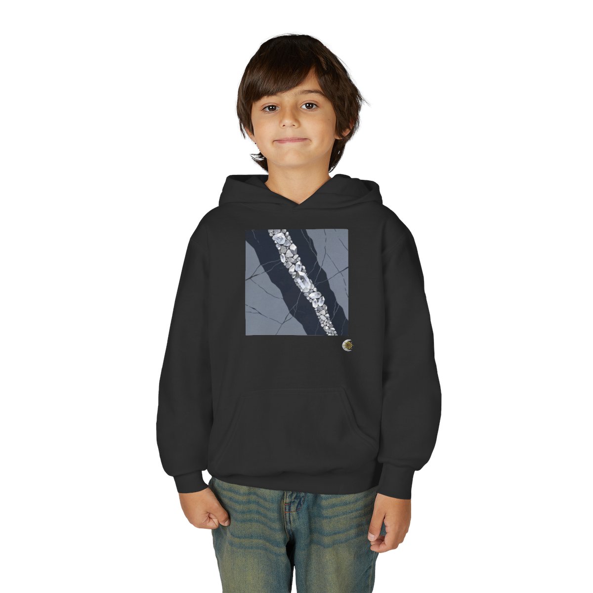 HD Silver Vein Youth Pullover Hoodie in Black, front view on a model.