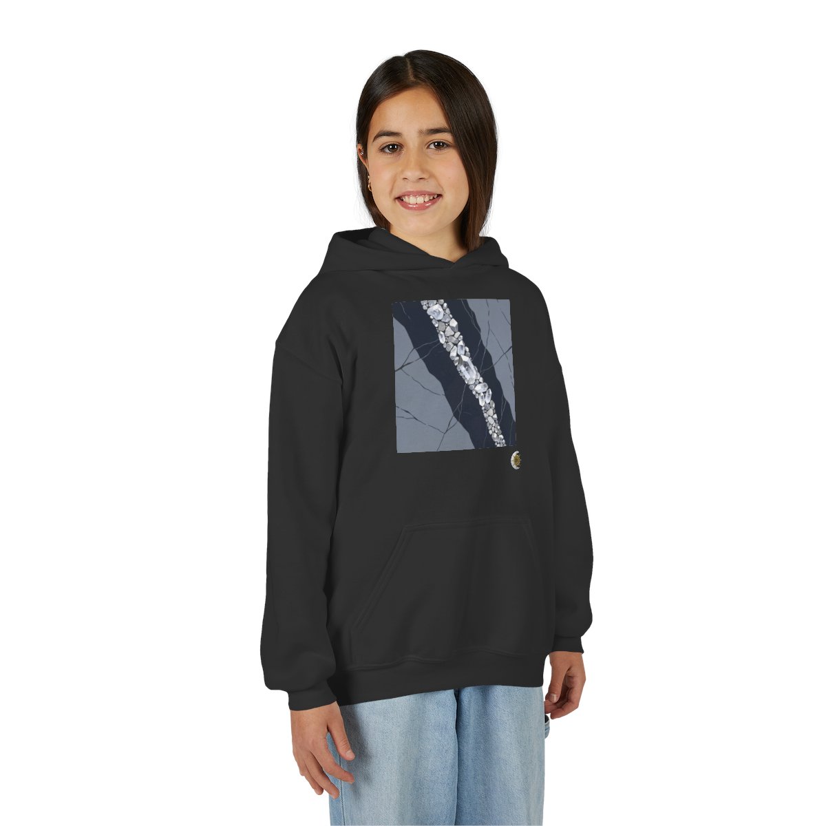 HD Silver Vein Youth Pullover Hoodie in Black, front view on a model.