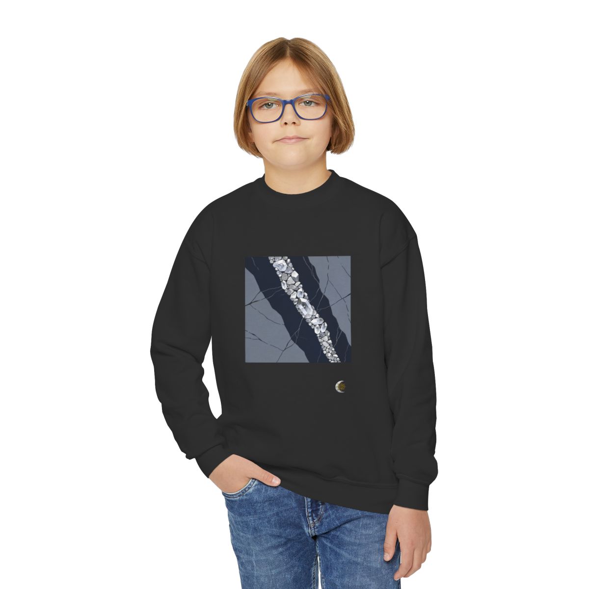 HD Silver Vein Youth Crewneck Sweatshirt in Black, front view on a model.