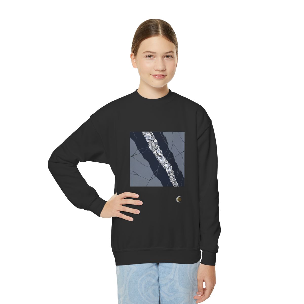 HD Silver Vein Youth Crewneck Sweatshirt in Black, front view on a model.