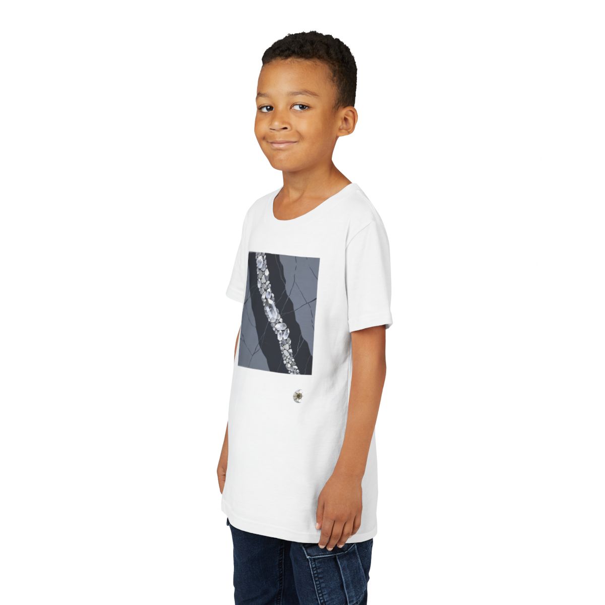 HD Silver Vein Youth Short Sleeve Tee in White, front view on a model.
