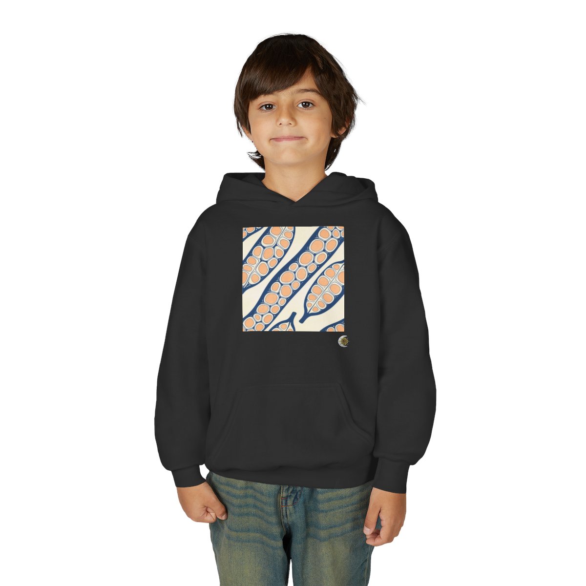 HD Apricot Seedpods Youth Pullover Hoodie in Black, front view on a model.
