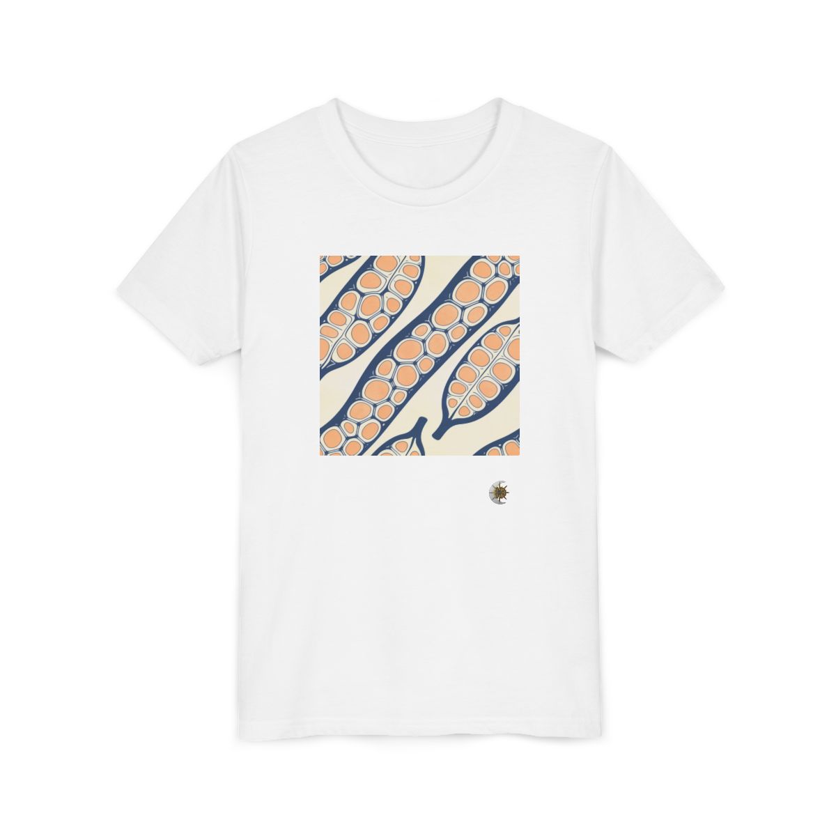 HD Apricot Seedpods Youth Short Sleeve Tee in White, front view laid flat.