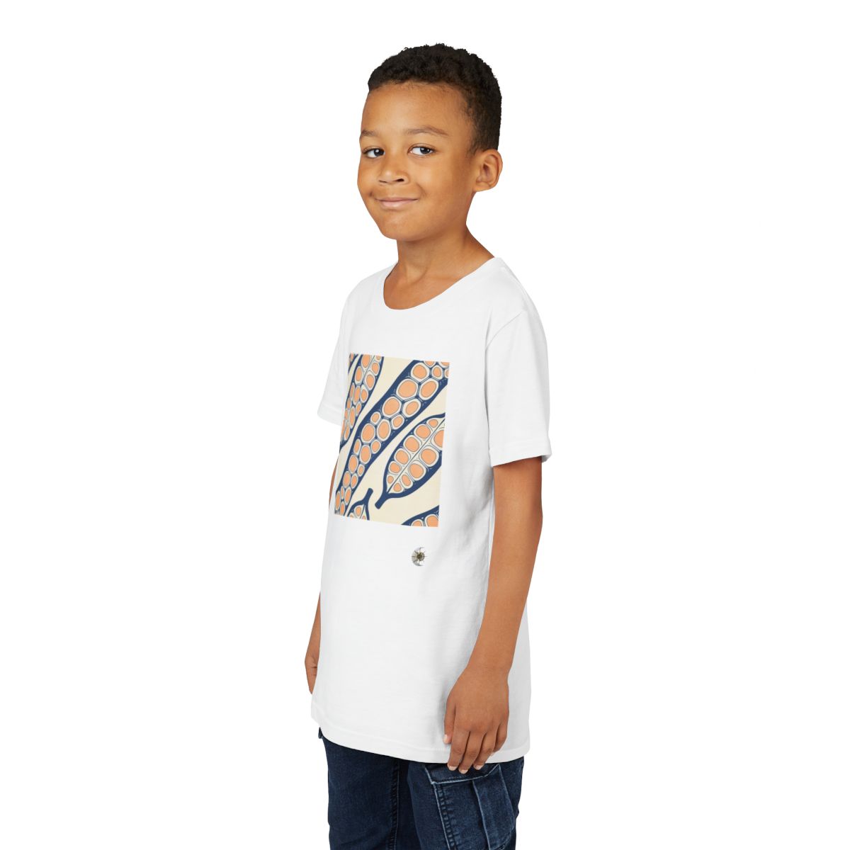 HD Apricot Seedpods Youth Short Sleeve Tee in White, front view on a model.