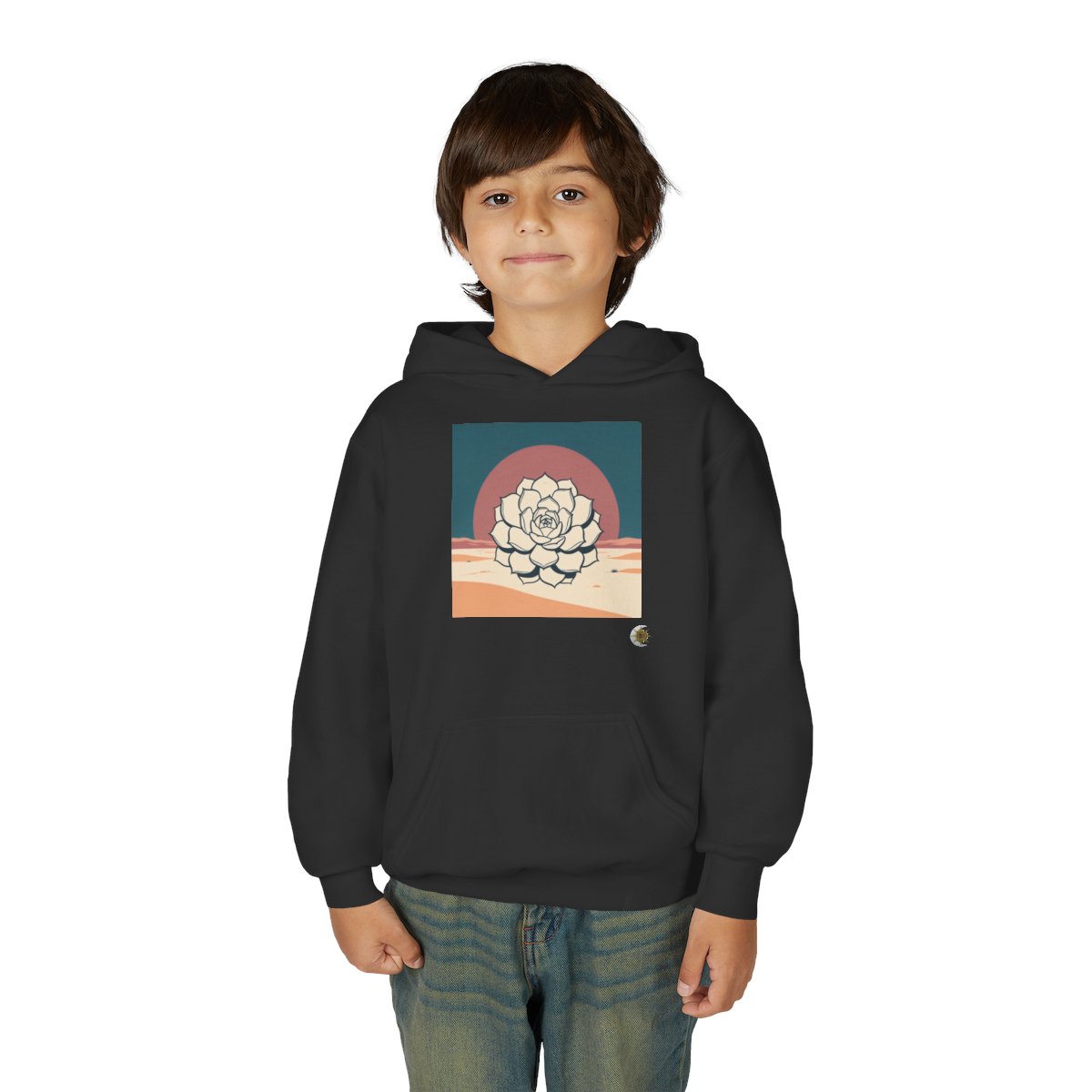 HD Desert Rosette Youth Pullover Hoodie in Black, front view on a model.