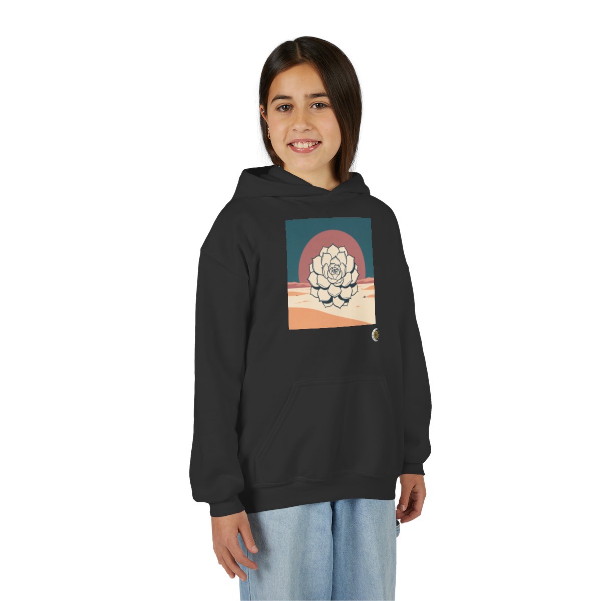 HD Desert Rosette Youth Pullover Hoodie in Black, front view on a model.