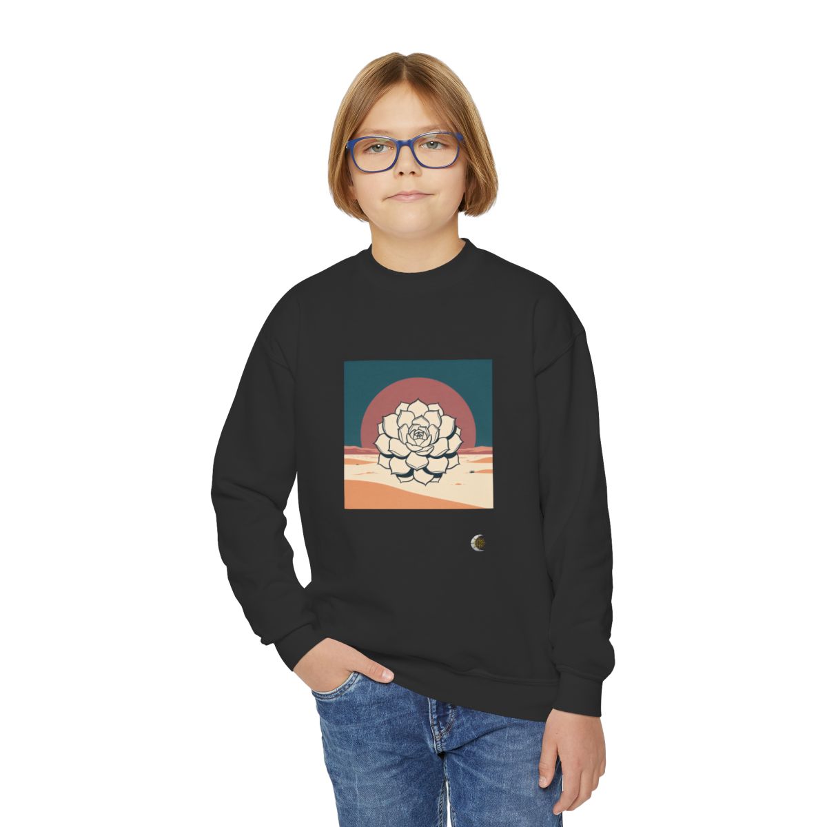 HD Desert Rosette Youth Crewneck Sweatshirt in Black, front view on a model.