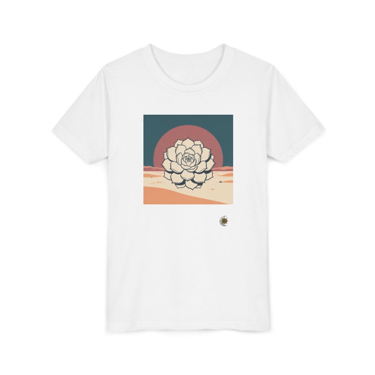 HD Desert Rosette Youth Short Sleeve Tee in White, front view laid flat.