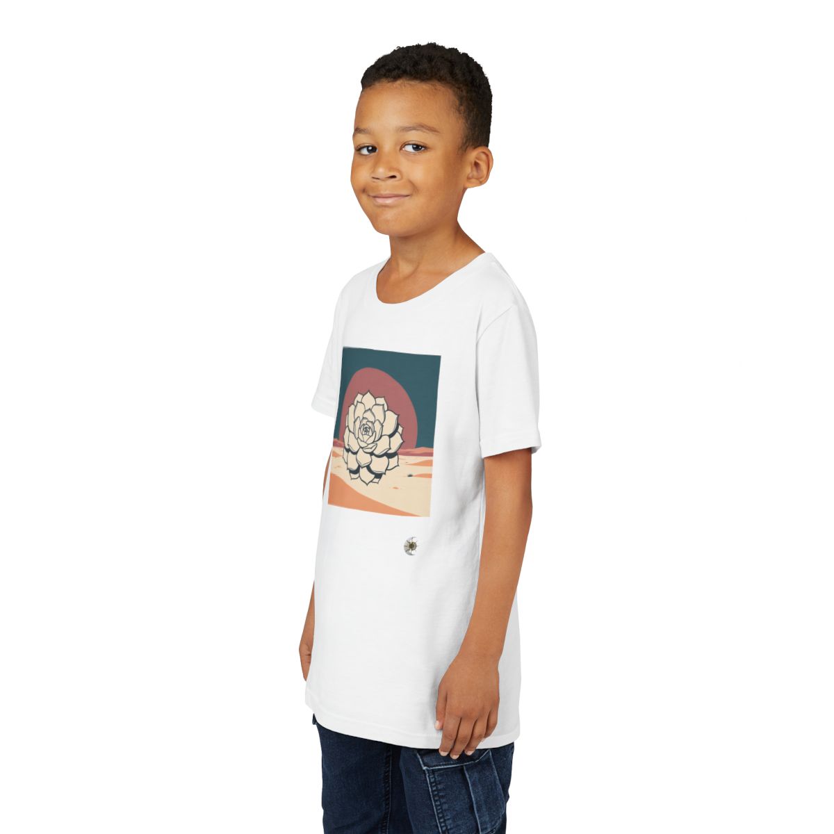 HD Desert Rosette Youth Short Sleeve Tee in White, front view on a model.