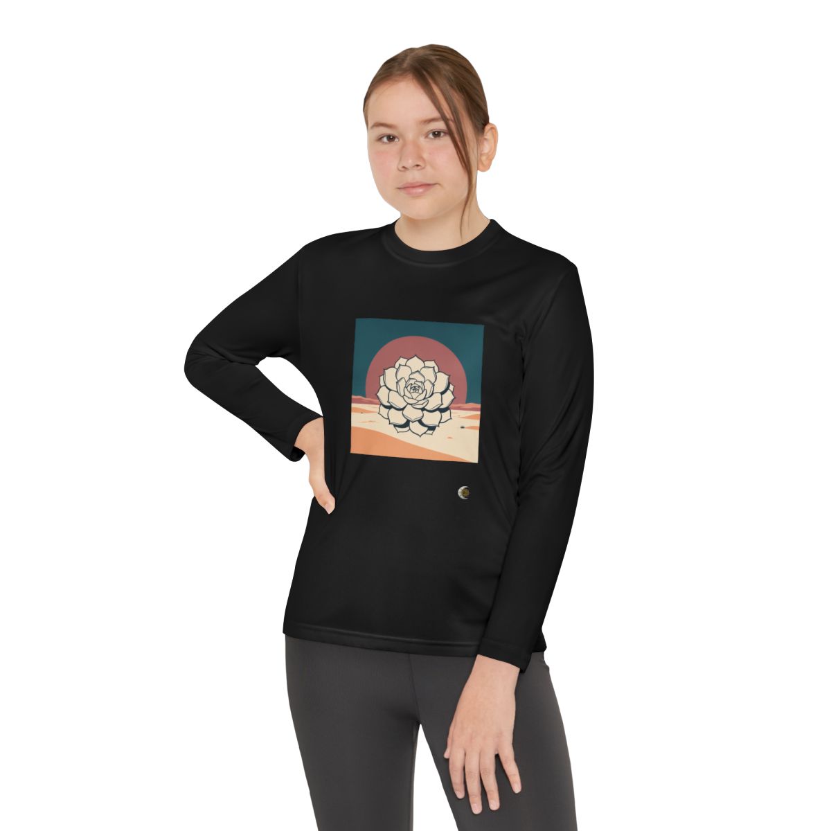 HD Desert Rosette Youth Long Sleeve Competitor Tee in Black, front view on a model.