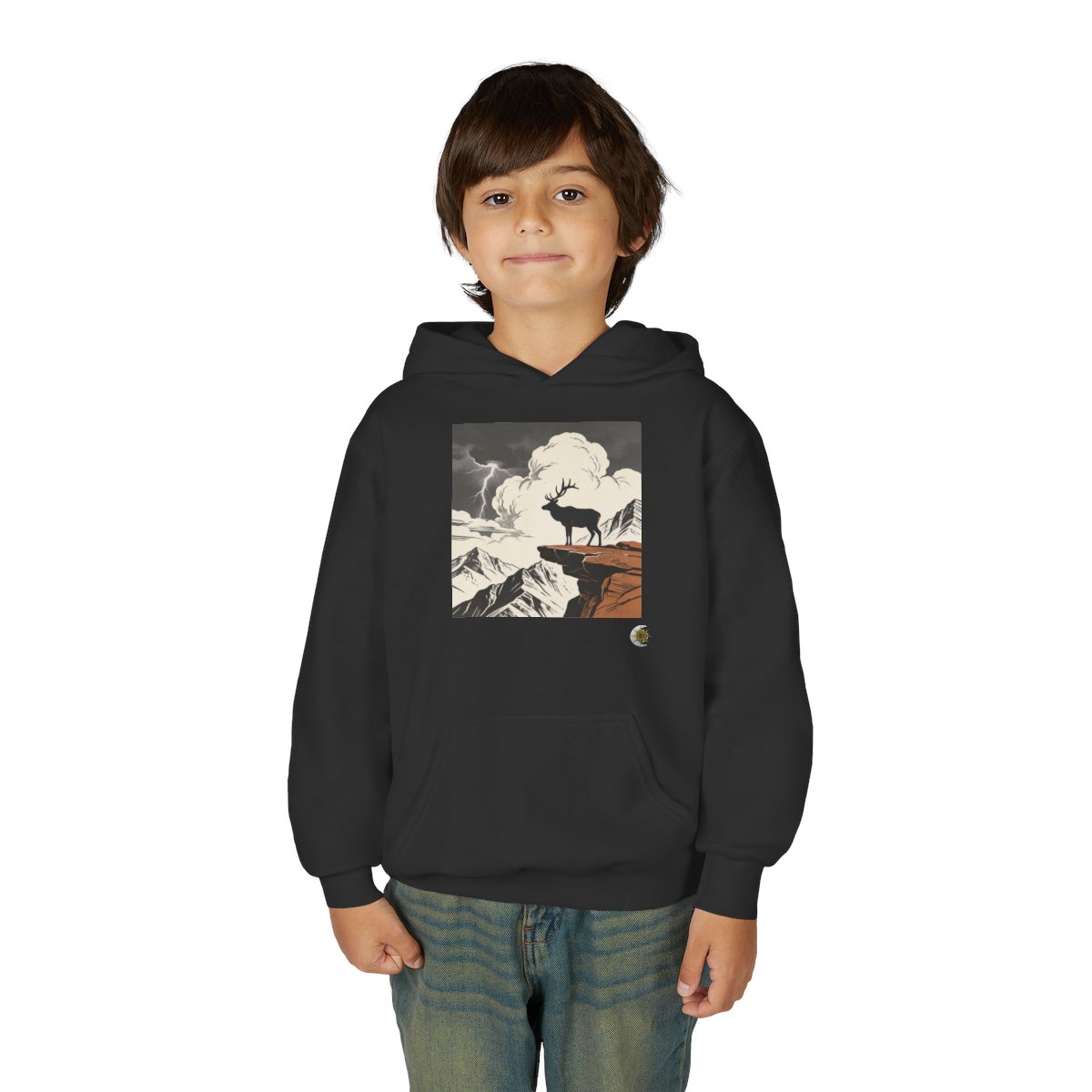 HD Ridge Elk Youth Pullover Hoodie in Black, front view on a model.