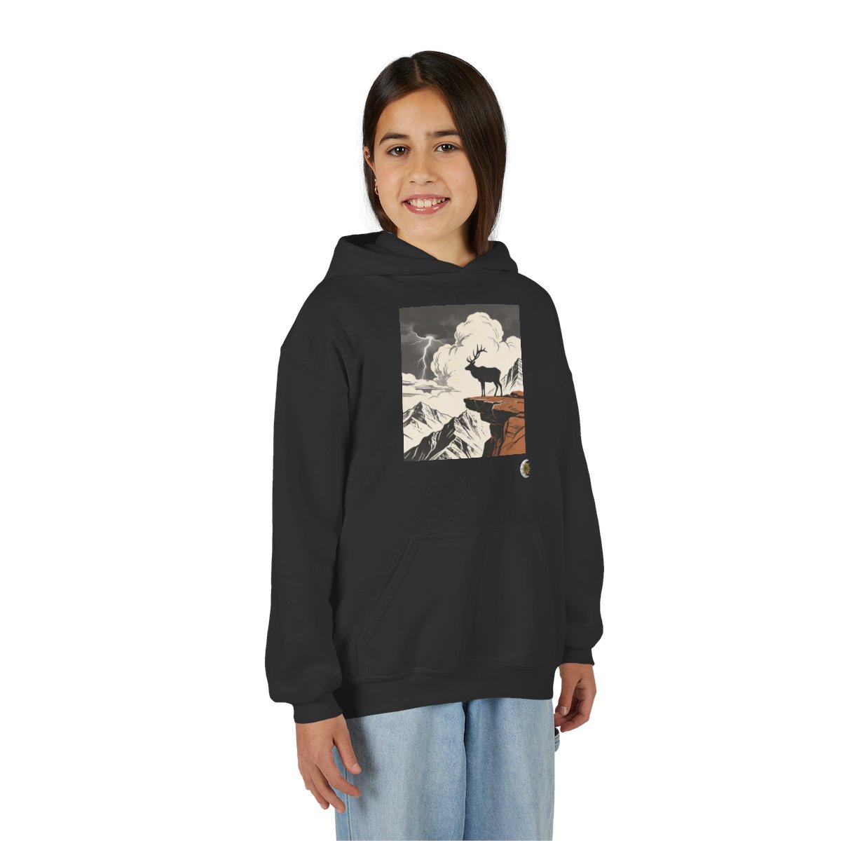HD Ridge Elk Youth Pullover Hoodie in Black, front view on a model.
