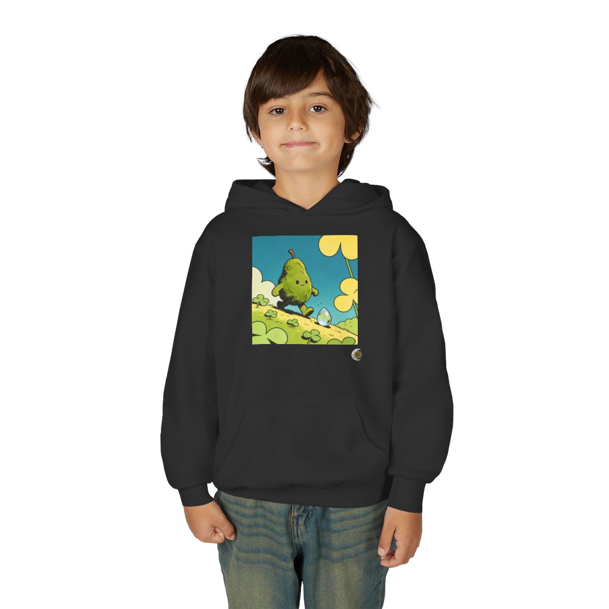 HD Dewdrop Rambler Youth Pullover Hoodie in Black, front view on a model.
