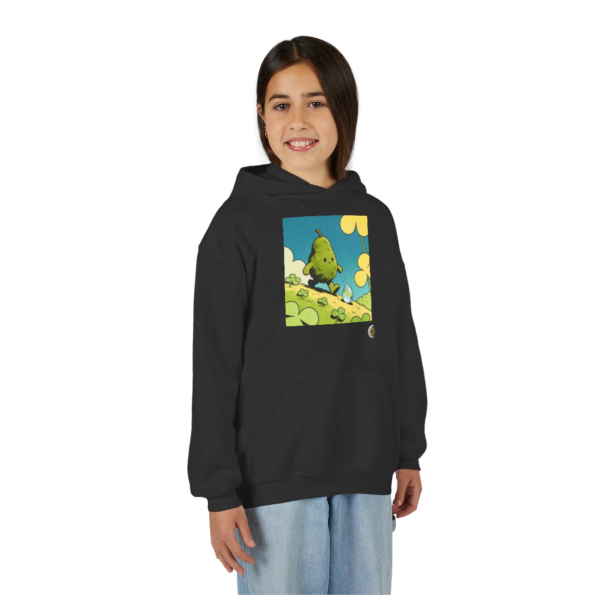 HD Dewdrop Rambler Youth Pullover Hoodie in Black, front view on a model.