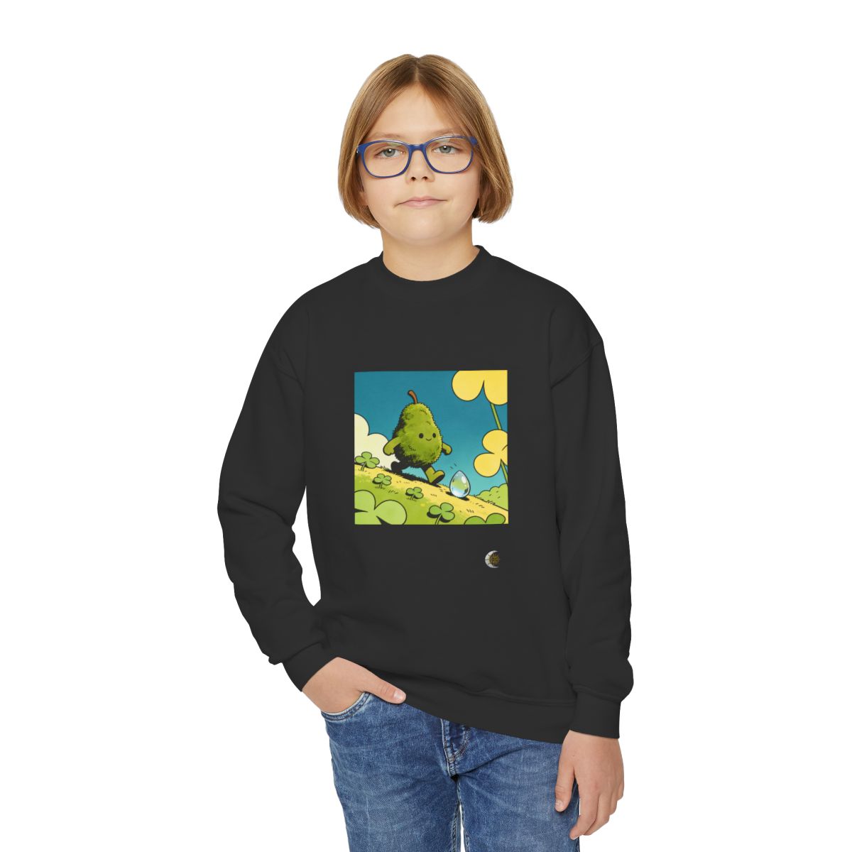 HD Dewdrop Rambler Youth Crewneck Sweatshirt in Black, front view on a model.