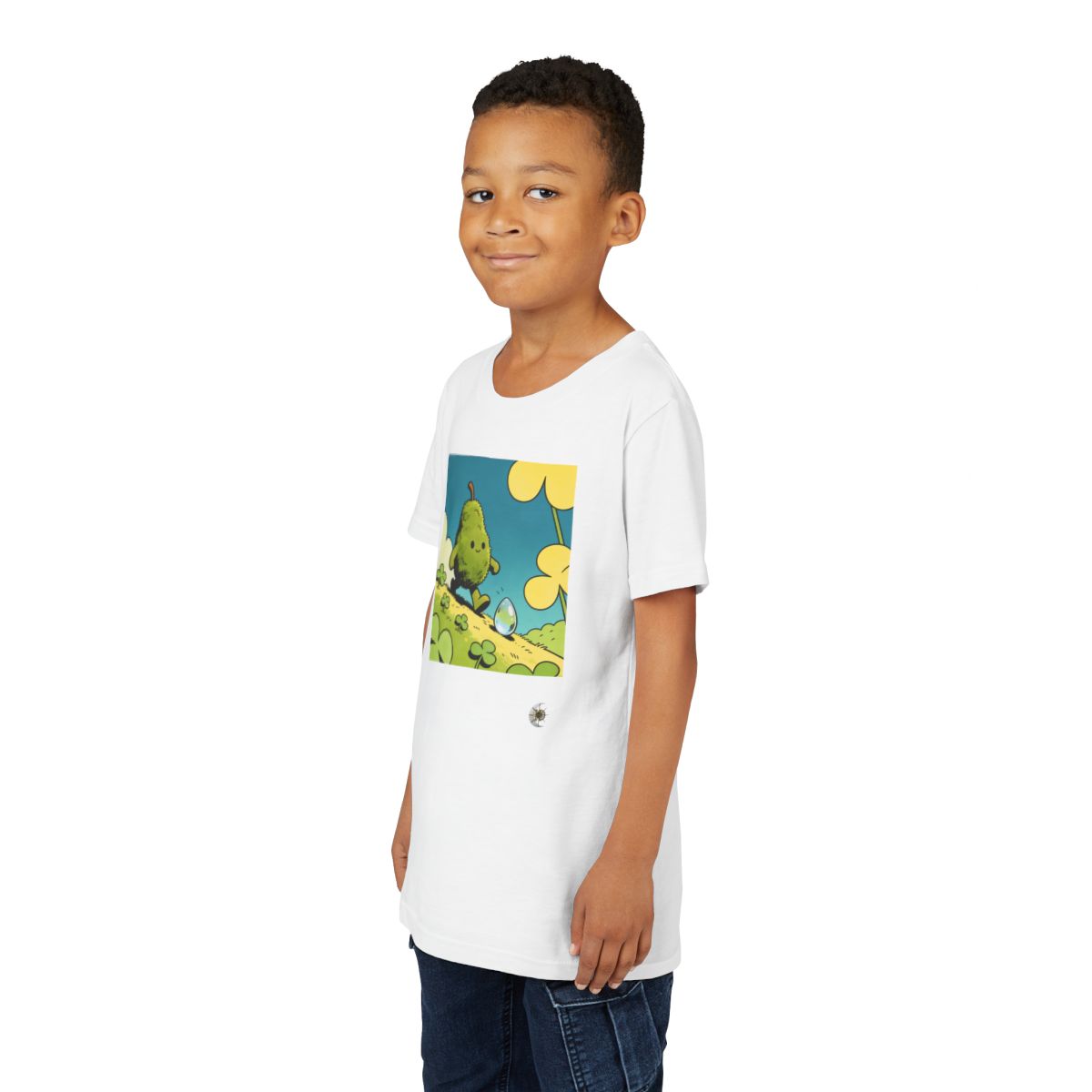 HD Dewdrop Rambler Youth Short Sleeve Tee in White, front view on a model.