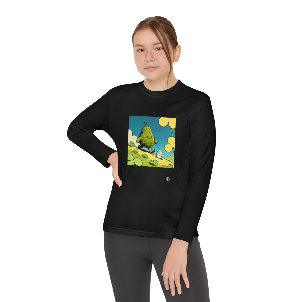 HD Dewdrop Rambler Youth Long Sleeve Competitor Tee in Black, front view on a model.