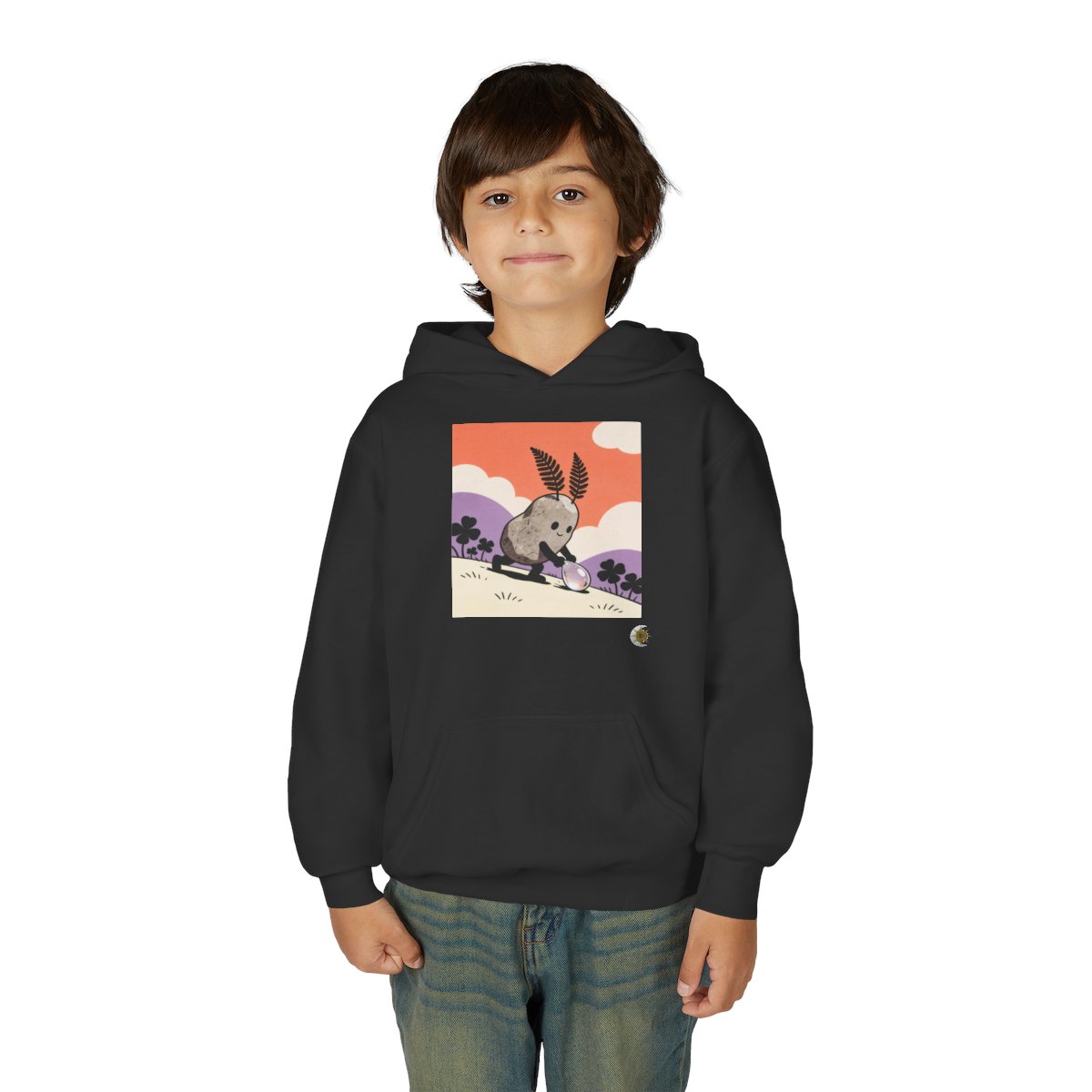 HD Pebble Gardener Youth Pullover Hoodie in Black, front view on a model.